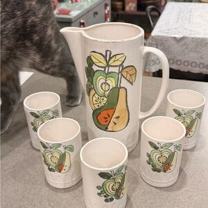 Vintage Japan Fruit Design Ceramic Pitcher and Cups Set
